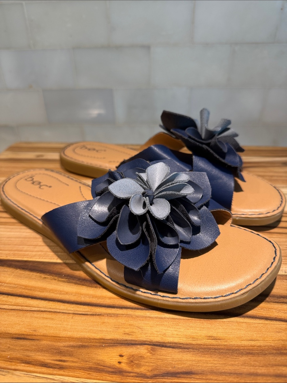 b.o.c. Navy Floral Slide Sandals with Tan Footbed